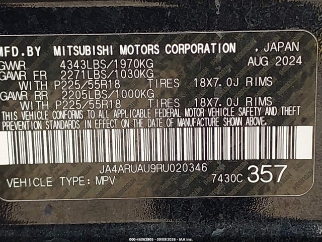 46063905 :رقم المزاد ، JA4ARUAU9RU020346 vin ، 2024 Mitsubishi Outlander Sport 2.0 Es Awc/2.0 Le Awc/2.0 Ralliart Awc/2.0 S Awc/2.0 Se Awc/2.0 Trail Edition Awc مزاد بيع