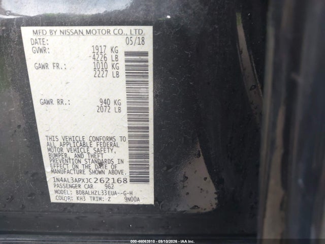 Продаж на аукціоні авто 2018 Nissan Altima 2.5 Sr, vin: 1N4AL3APXJC262168, номер лоту: 46063910