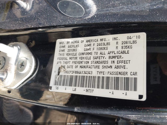 2010 Honda Accord 2.4 Ex-l მანქანა იყიდება აუქციონზე, vin: 1HGCP2F89AA134343, აუქციონის ნომერი: 46063914