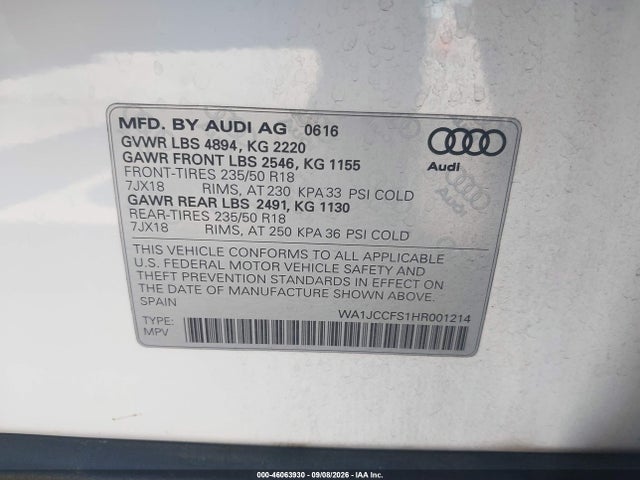 Продаж на аукціоні авто 2017 Audi Q3 2.0t Premium, vin: WA1JCCFS1HR001214, номер лоту: 46063930