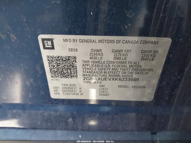 46063934 :رقم المزاد ، 2GNAXUEVXK6233669 vin ، 2019 Chevrolet Equinox Lt مزاد بيع