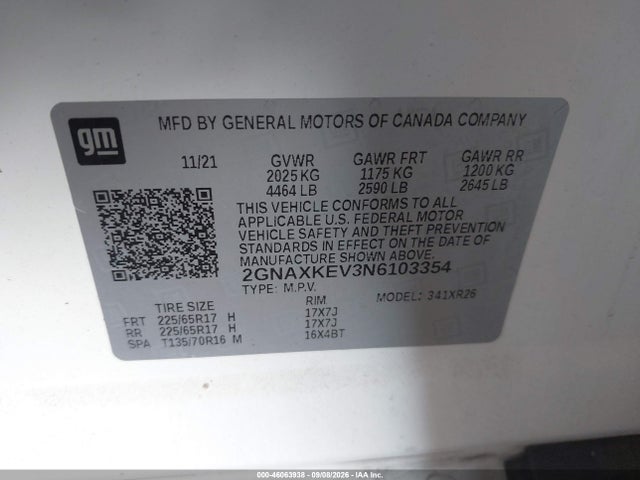 2GNAXKEV3N6103354 Chevrolet Equinox Fwd Lt
