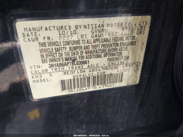 46063941 :رقم المزاد ، 3N1AB6AP7BL639661 vin ، 2011 Nissan Sentra 2.0sl مزاد بيع