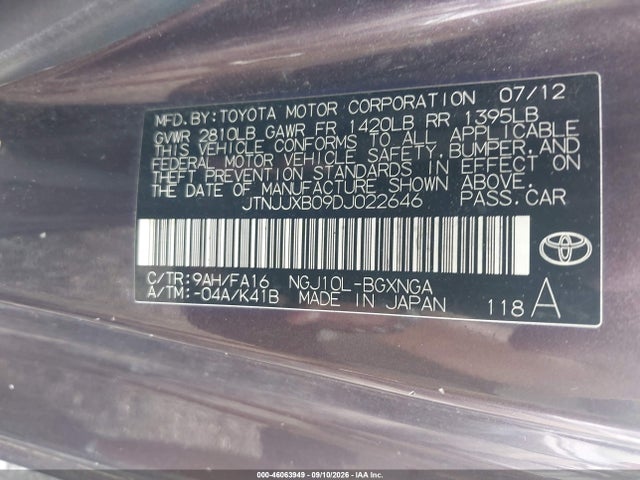 Aukcja sprzedaży 2013 Scion Iq, vin: JTNJJXB09DJ022646, numer aukcji: 46063949