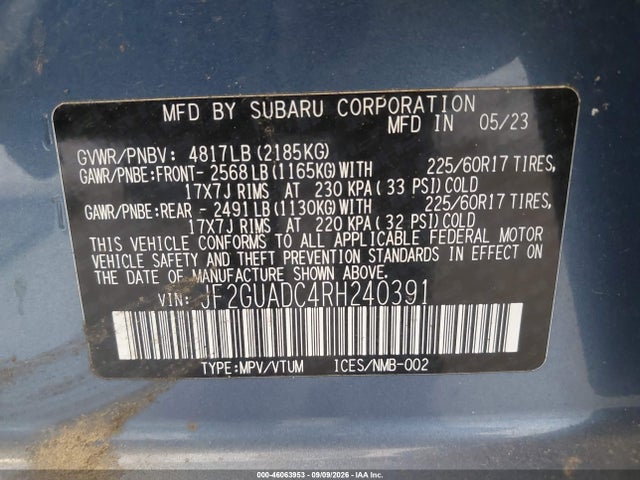 2024 Subaru Crosstrek Premium მანქანა იყიდება აუქციონზე, vin: JF2GUADC4RH240391, აუქციონის ნომერი: 46063953