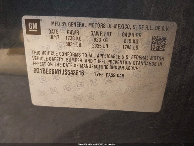 3G1BE6SM1JS543616 Chevrolet Cruze Lt Auto