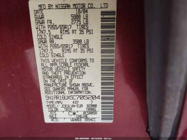Продаж на аукціоні авто 2005 Nissan Pathfinder Le, vin: 5N1AR18UX5C705204, номер лоту: 46063965