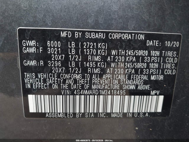 46063975 :رقم المزاد ، 4S4WMARD1M3418495 vin ، 2021 Subaru Ascent Touring مزاد بيع