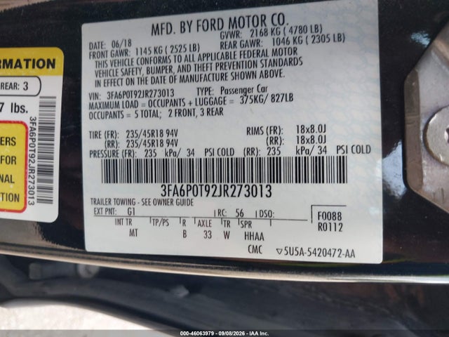 Ford FUSION SE 2018 3FA6P0T92JR273013 Image 9