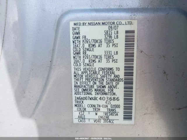 46063987 :رقم المزاد ، 1N6AD07WX8C403686 vin ، 2008 Nissan Frontier Se مزاد بيع
