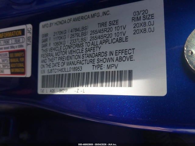 2020 Acura Rdx A-spec Package მანქანა იყიდება აუქციონზე, vin: 5J8TC1H63LL018953, აუქციონის ნომერი: 46063989