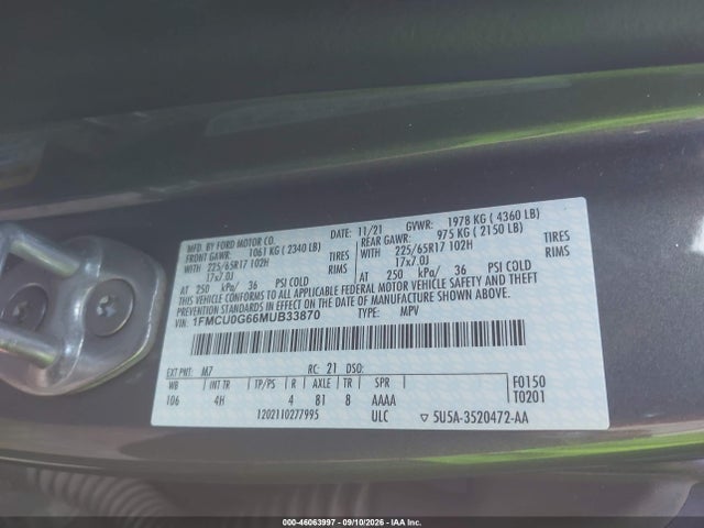 Auction sale of the 2021 Ford Escape Se, vin: 1FMCU0G66MUB33870, lot number: 46063997