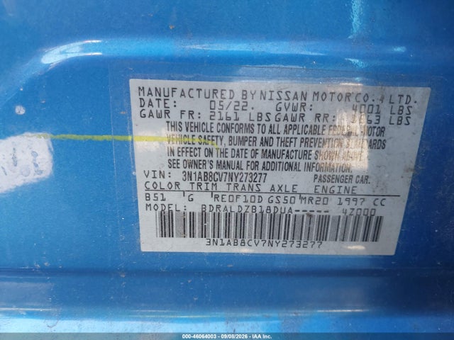 Продаж на аукціоні авто 2022 Nissan Sentra Sv Xtronic Cvt, vin: 3N1AB8CV7NY273277, номер лоту: 46064003