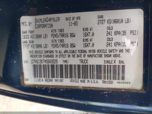 Продажа на аукционе авто 2004 Dodge Dakota, vin: 1D7HG12K74S603529, номер лота: 46064004