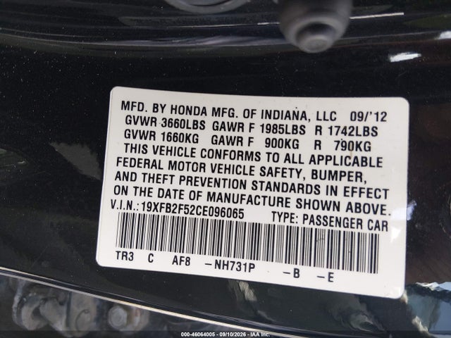 Продажа на аукционе авто 2012 Honda Civic Lx, vin: 19XFB2F52CE096065, номер лота: 46064005