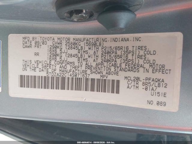 2004 Toyota Sienna Xle მანქანა იყიდება აუქციონზე, vin: 5TDZA22C14S071637, აუქციონის ნომერი: 46064014