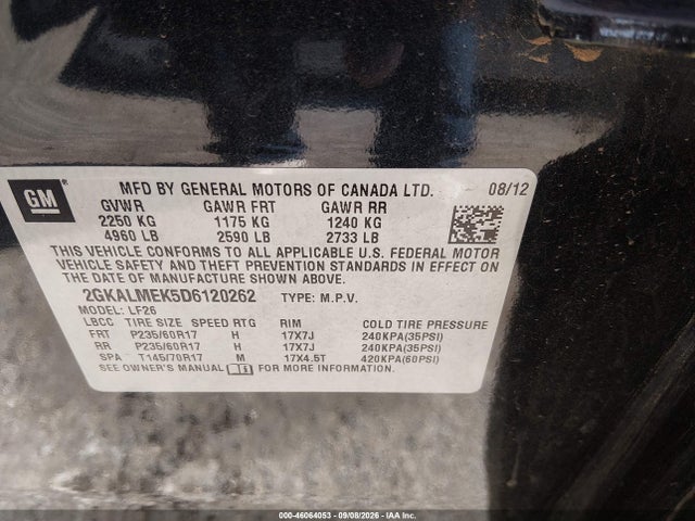 46064053 :رقم المزاد ، 2GKALMEK5D6120262 vin ، 2013 Gmc Terrain Sle-1 مزاد بيع