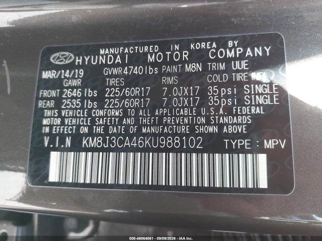 Продажа на аукционе авто 2019 Hyundai Tucson Value, vin: KM8J3CA46KU988102, номер лота: 46064061