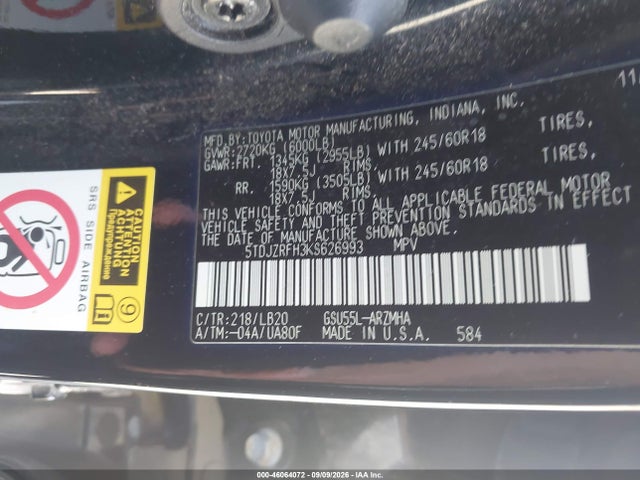 Toyota Highlander Xle 2019 5TDJZRFH3KS626993 Image 9