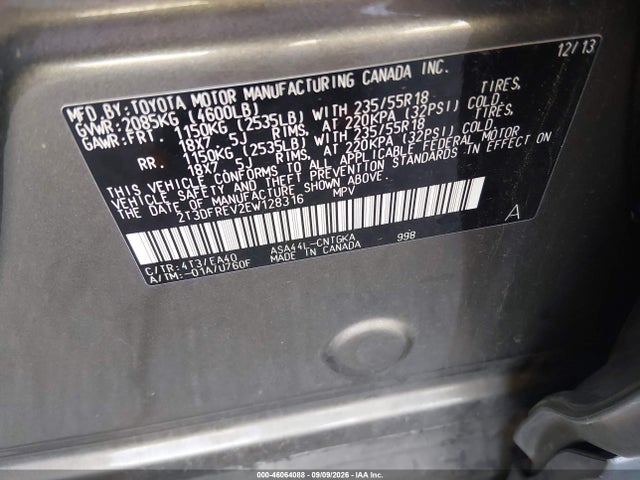 Продаж на аукціоні авто 2014 Toyota Rav4 Limited, vin: 2T3DFREV2EW128316, номер лоту: 46064088