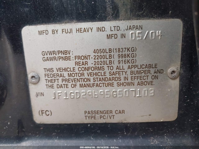 Aukcja sprzedaży 2005 Subaru Impreza Wrx, vin: JF1GD29695G507103, numer aukcji: 46064106