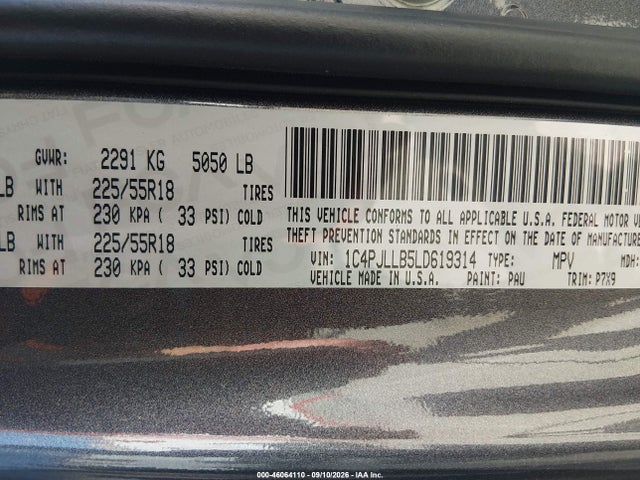 46064110 :رقم المزاد ، 1C4PJLLB5LD619314 vin ، 2020 Jeep Cherokee Altitude Fwd مزاد بيع
