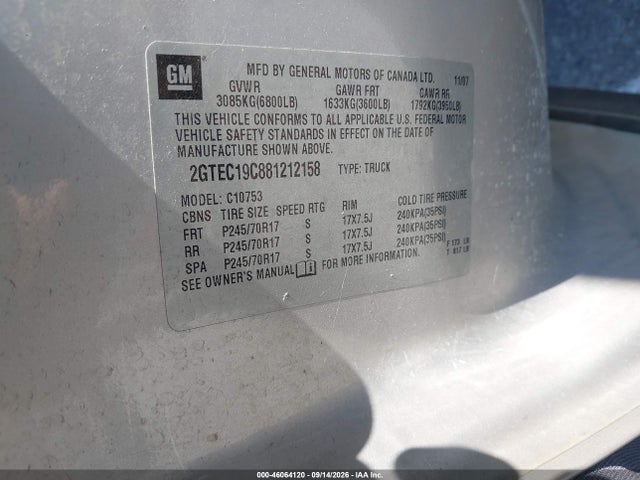 46064120 :رقم المزاد ، 2GTEC19C881212158 vin ، 2008 Gmc Sierra 1500 Work Truck مزاد بيع
