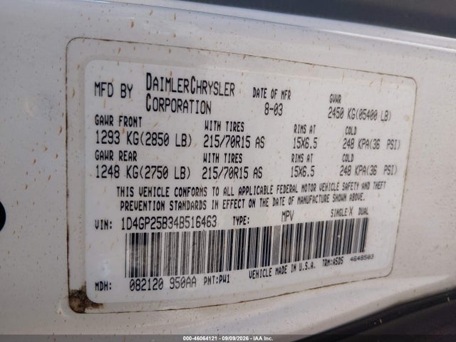 Aukcja sprzedaży 2004 Dodge Caravan Se, vin: 1D4GP25B34B516463, numer aukcji: 46064121