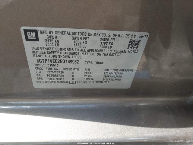 46064123 :رقم المزاد ، 3GTP1VEC2EG149962 vin ، 2014 Gmc Sierra 1500 Slt مزاد بيع