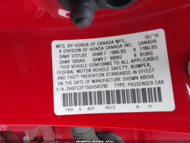 Продаж на аукціоні авто 2016 Honda Civic Ex, vin: 2HGFC2F75GH545782, номер лоту: 46064124