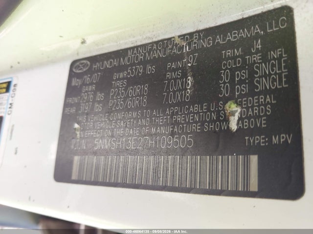 Продаж на аукціоні авто 2007 Hyundai Santa Fe Limited/se, vin: 5NMSH13E27H109505, номер лоту: 46064135