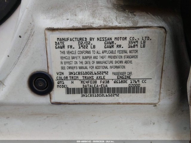 46064142 :رقم المزاد ، 3N1CB51D02L652292 vin ، 2002 Nissan Sentra Gxe مزاد بيع