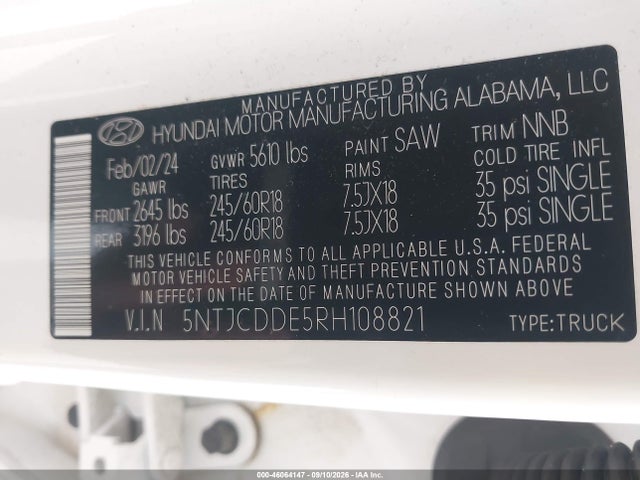 Продаж на аукціоні авто 2024 Hyundai Santa Cruz Sel, vin: 5NTJCDDE5RH108821, номер лоту: 46064147
