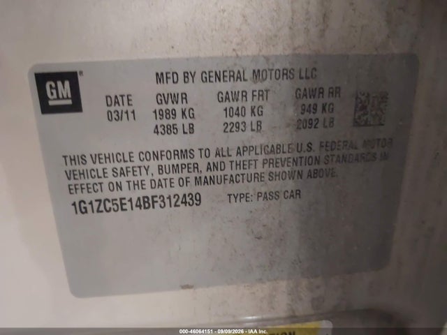 Продаж на аукціоні авто 2011 Chevrolet Malibu 1lt, vin: 1G1ZC5E14BF312439, номер лоту: 46064151
