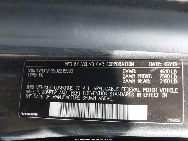 2013 Volvo S60 T5 მანქანა იყიდება აუქციონზე, vin: YV1612FS5D2219990, აუქციონის ნომერი: 46064159
