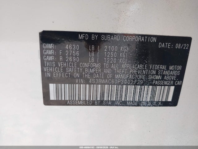 2023 Subaru Legacy Premium მანქანა იყიდება აუქციონზე, vin: 4S3BWAC60P3002739, აუქციონის ნომერი: 46064163