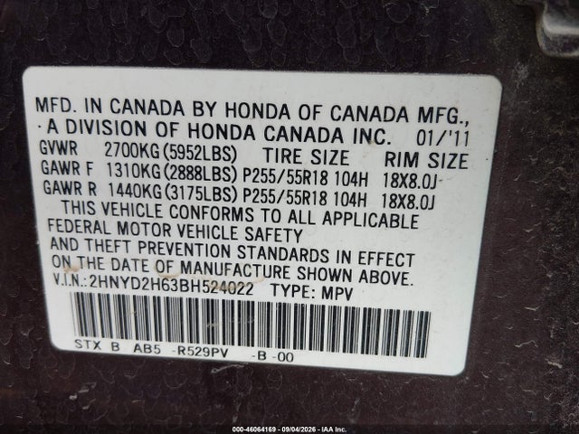 Aukcja sprzedaży 2011 Acura Mdx Technology Package, vin: 2HNYD2H63BH524022, numer aukcji: 46064169