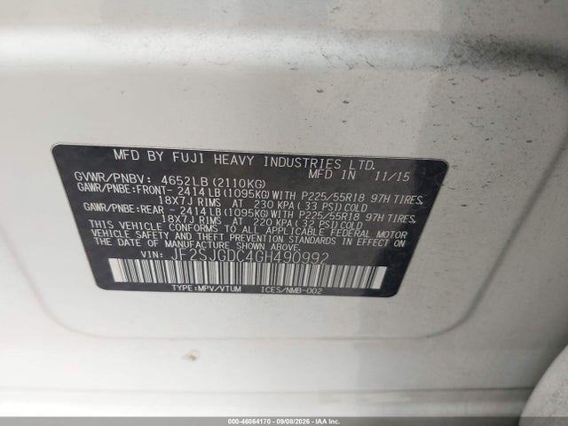 46064170 :رقم المزاد ، JF2SJGDC4GH490992 vin ، 2016 Subaru Forester 2.0xt Premium مزاد بيع