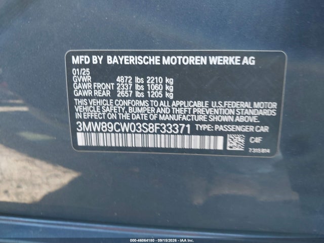 46064180 :رقم المزاد ، 3MW89CW03S8F33371 vin ، 2025 Bmw 330i Xdrive مزاد بيع