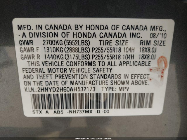 Aukcja sprzedaży 2010 Acura Mdx Technology Package, vin: 2HNYD2H60AH532173, numer aukcji: 46064187