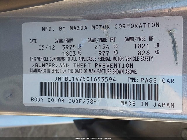 Aukcja sprzedaży 2012 Mazda Mazda3 I Touring, vin: JM1BL1V75C1653594, numer aukcji: 46064196