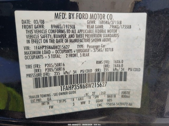 Продажа на аукционе авто 2008 Ford Focus Se/ses, vin: 1FAHP35N68W215627, номер лота: 46064213