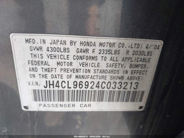 2004 Acura Tsx მანქანა იყიდება აუქციონზე, vin: JH4CL96924C033213, აუქციონის ნომერი: 46064218