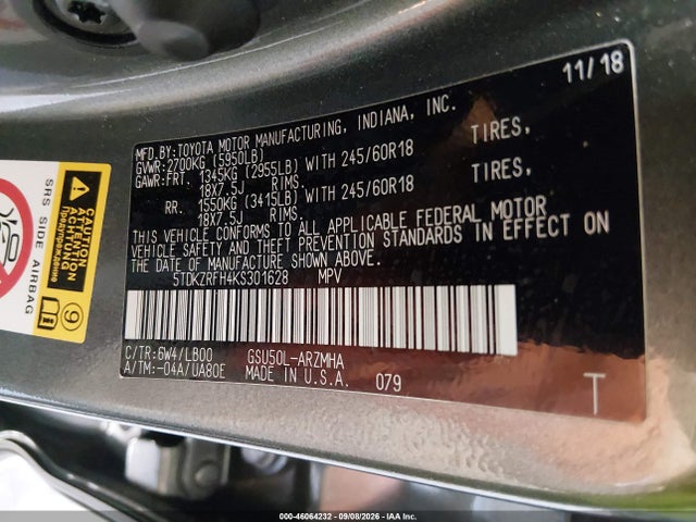 Toyota Highlander Xle 2019 5TDKZRFH4KS301628 Image 9