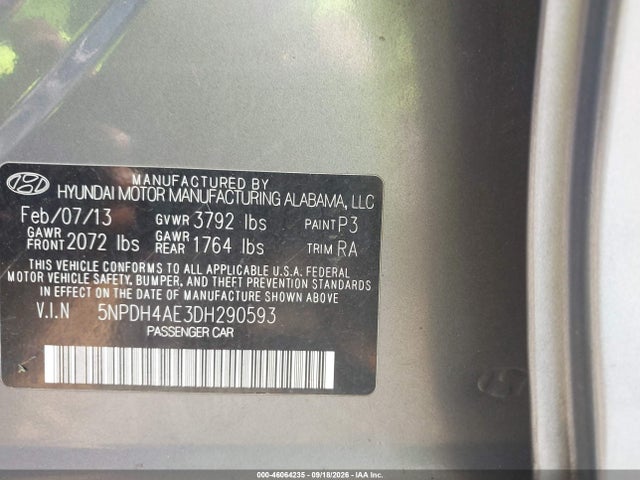 2013 Hyundai Elantra Limited მანქანა იყიდება აუქციონზე, vin: 5NPDH4AE3DH290593, აუქციონის ნომერი: 46064235