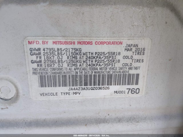 Продаж на аукціоні авто 2016 Mitsubishi Outlander Es, vin: JA4AZ3A31GZ036526, номер лоту: 46064259