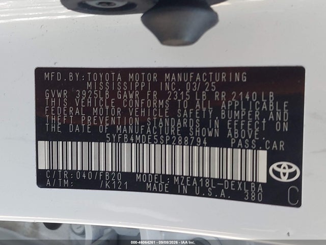 Auction sale of the 2025 Toyota Corolla Le, vin: 5YFB4MDE5SP288794, lot number: 46064261