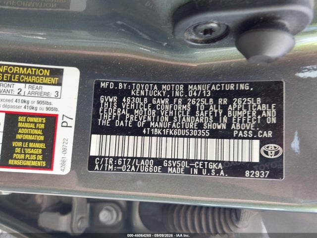 2013 Toyota Camry Xle V6 მანქანა იყიდება აუქციონზე, vin: 4T1BK1FK6DU530355, აუქციონის ნომერი: 46064265