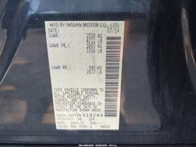 46064266 :رقم المزاد ، 1N4AL3AP7FN319244 vin ، 2015 Nissan Altima 2.5 S مزاد بيع