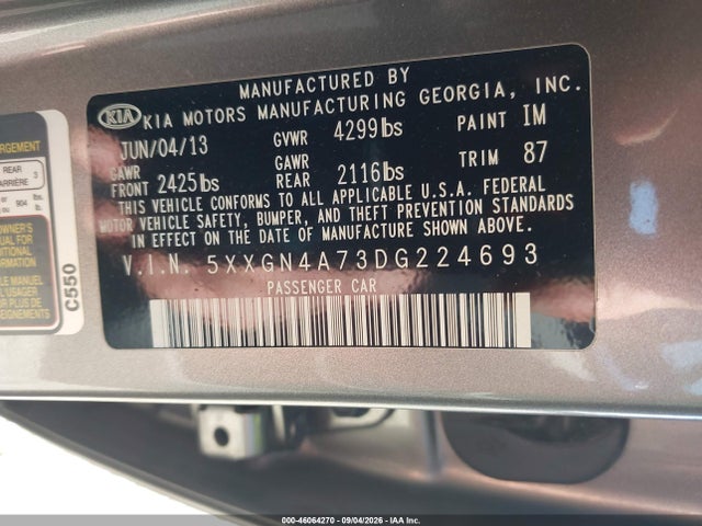2013 Kia Optima Ex მანქანა იყიდება აუქციონზე, vin: 5XXGN4A73DG224693, აუქციონის ნომერი: 46064270